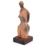 Neil Wilkinson, contemporary Brutalist terracotta sculpture of a nude female raised on square