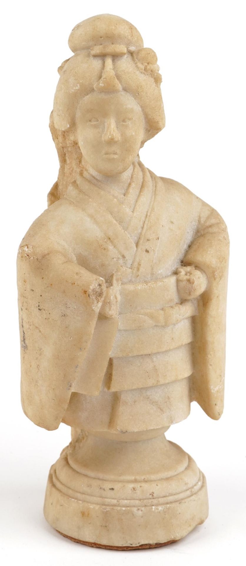 Chinese carved stone statuette of a Geisha wearing a robe, 32.5cm high
