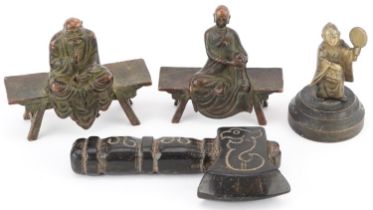 Chinese sundry items including an archaic style hardstone ax and two bronzes of monks, the largest