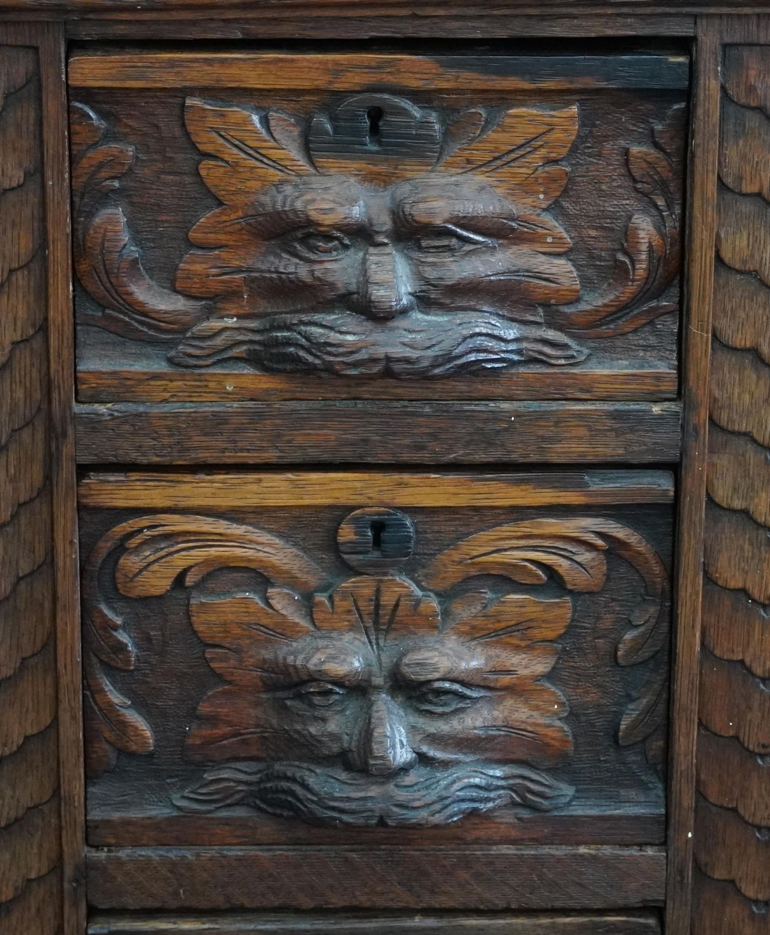 Victorian oak twin pedestal desk carved with a green man masks, fitted with an arrangement of nine - Image 5 of 5