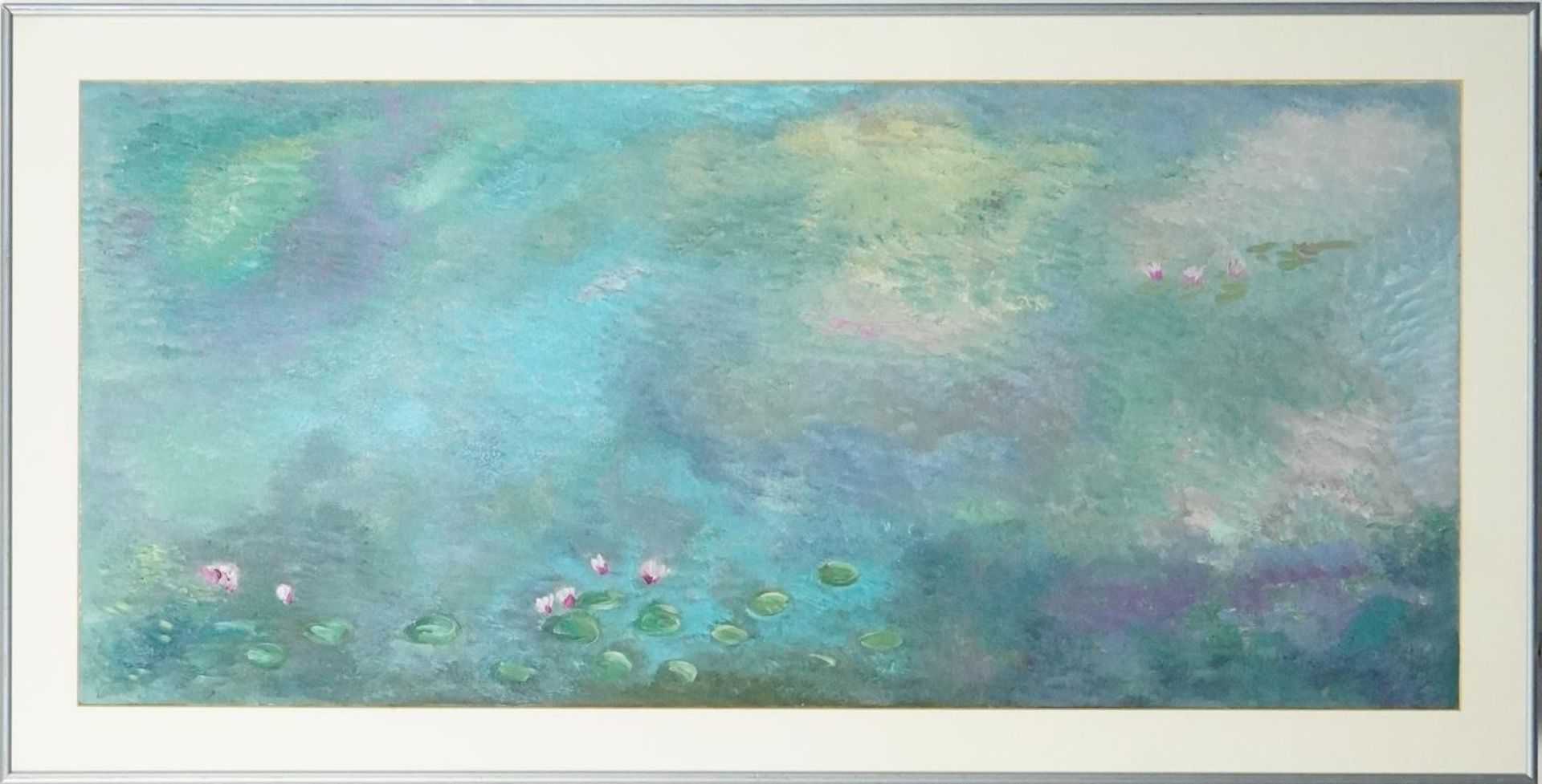 Clive Fredriksson after Claude Monet - Lili pads on calm water, Impressionist oil on board, mounted, - Bild 2 aus 3