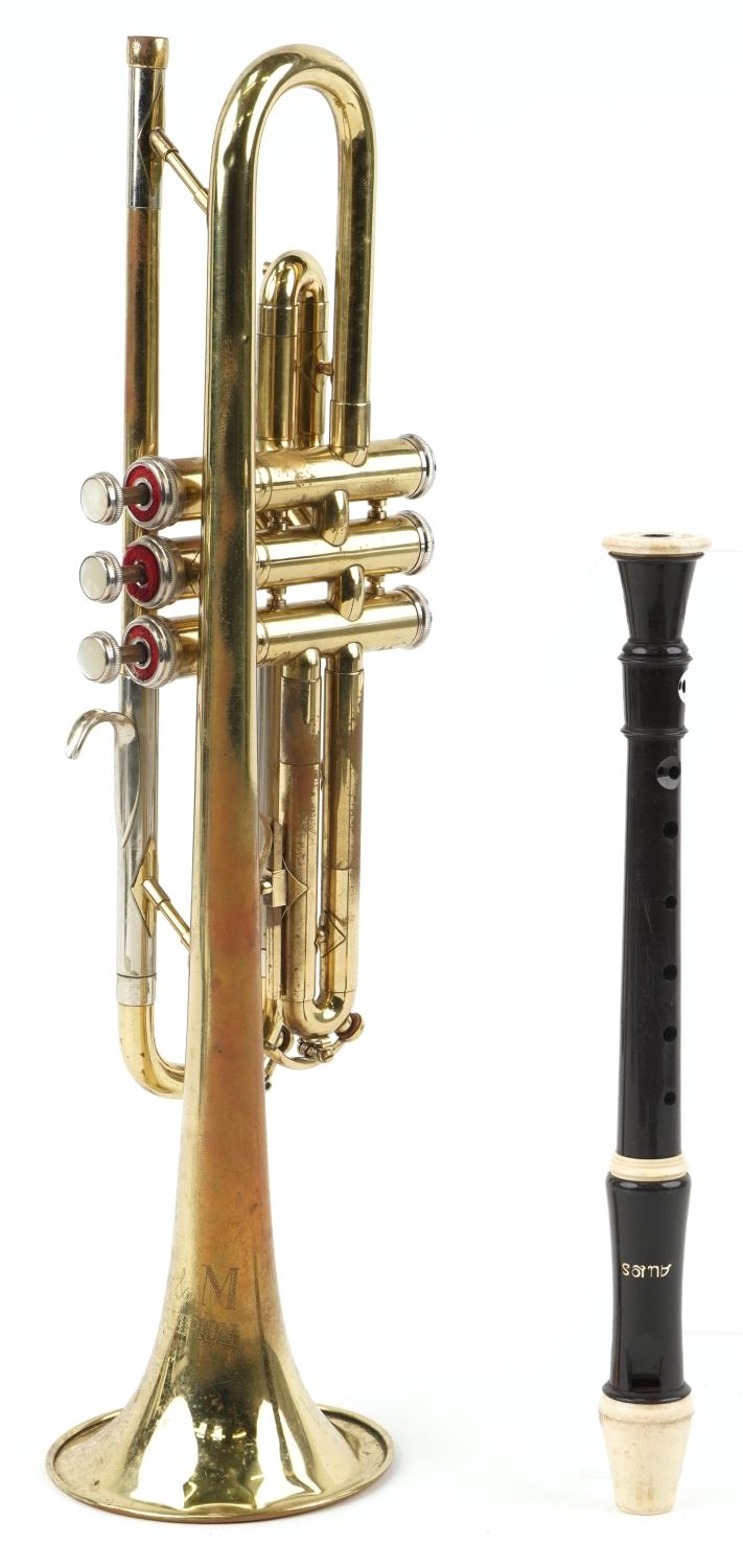 B & M Champion brass cornet and an Aulos flute with fitted case, the largest 50cm in length - Image 2 of 5