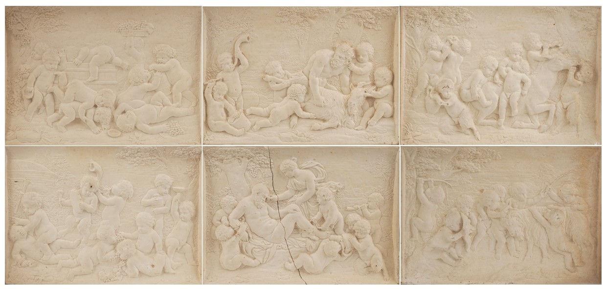 Set of six 19th century Grand Tour classical Bacchanalian panels housed in a glazed framed