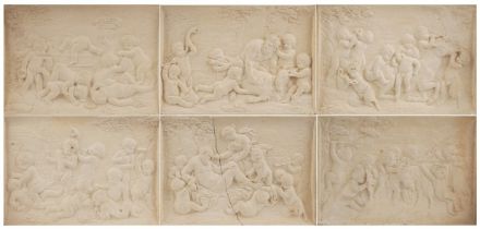 Set of six 19th century Grand Tour classical Bacchanalian panels housed in a glazed framed