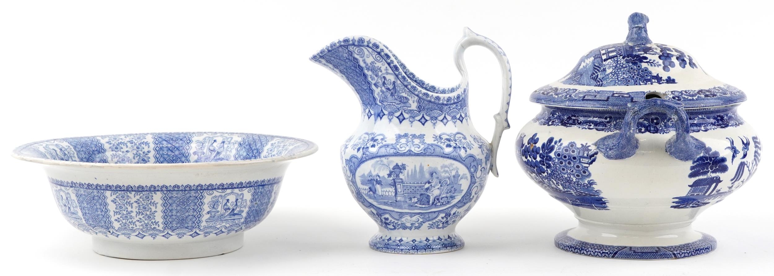 Victorian blue and white wash jug and basin, transfer printed in the Tyrolienne pattern and a - Image 5 of 10