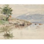 Hans Dahl 1892 - Lake scene, late 19th century Norwegian school watercolour, mounted, framed and
