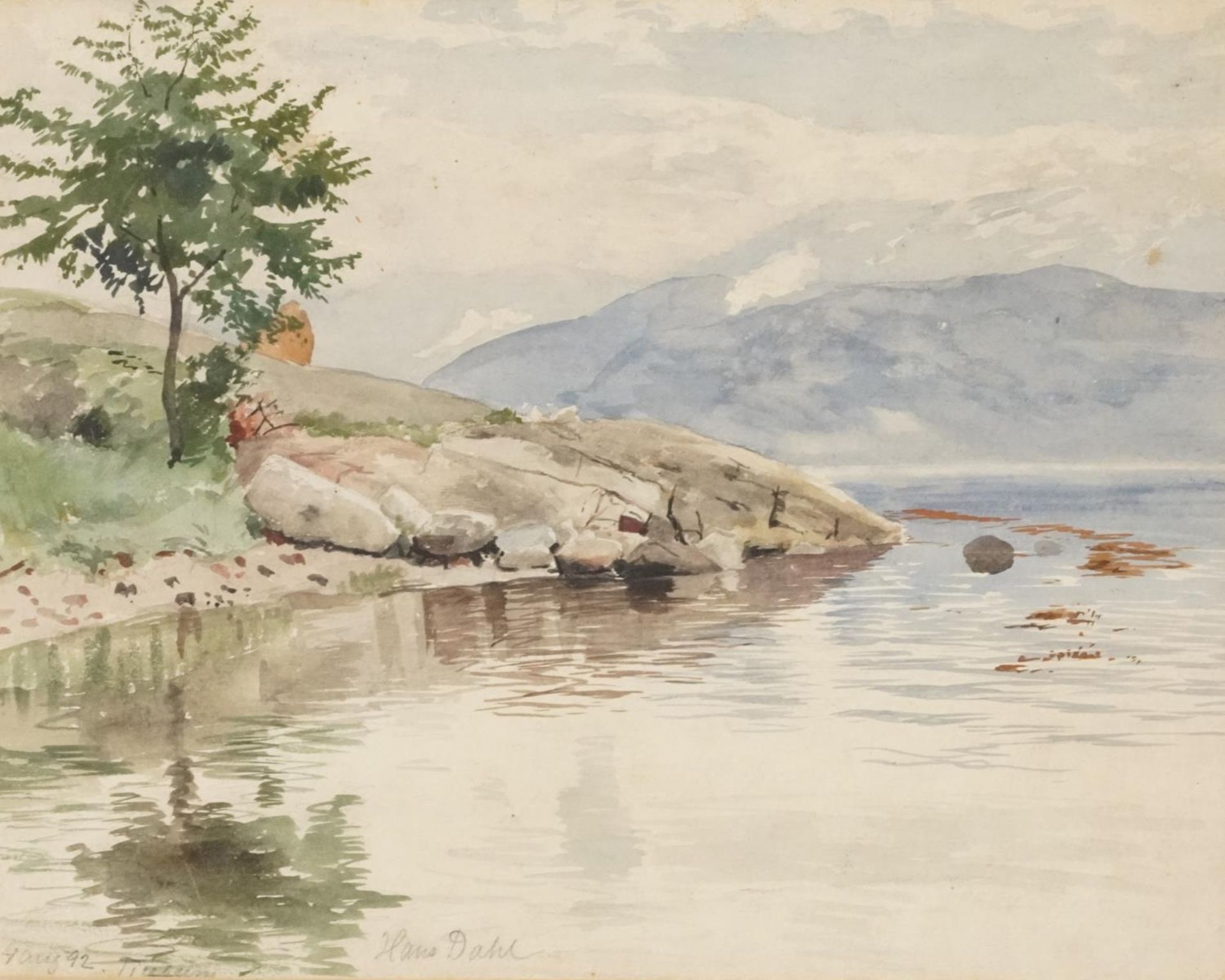 Hans Dahl 1892 - Lake scene, late 19th century Norwegian school watercolour, mounted, framed and