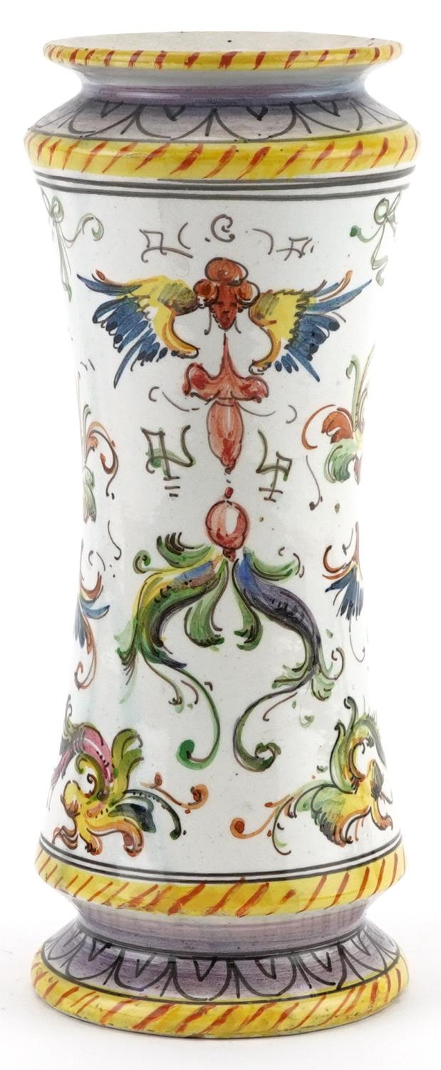 Antique Italian Maiolica vase with waisted body hand painted with angel heads and stylised