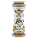 Antique Italian Maiolica vase with waisted body hand painted with angel heads and stylised