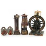 Two early 20th century miner's lamps and a Birchleaf coffee grinder, the largest 31cm high