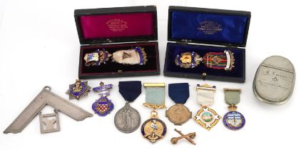 Masonic regalia, some silver and enamel, including a 19th century oval white metal snuff box