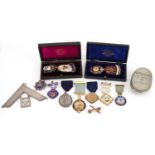 Masonic regalia, some silver and enamel, including a 19th century oval white metal snuff box