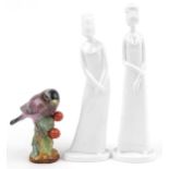 Two Spode figurines and a Spode hand painted porcelain finch, the largest 27.5cm high