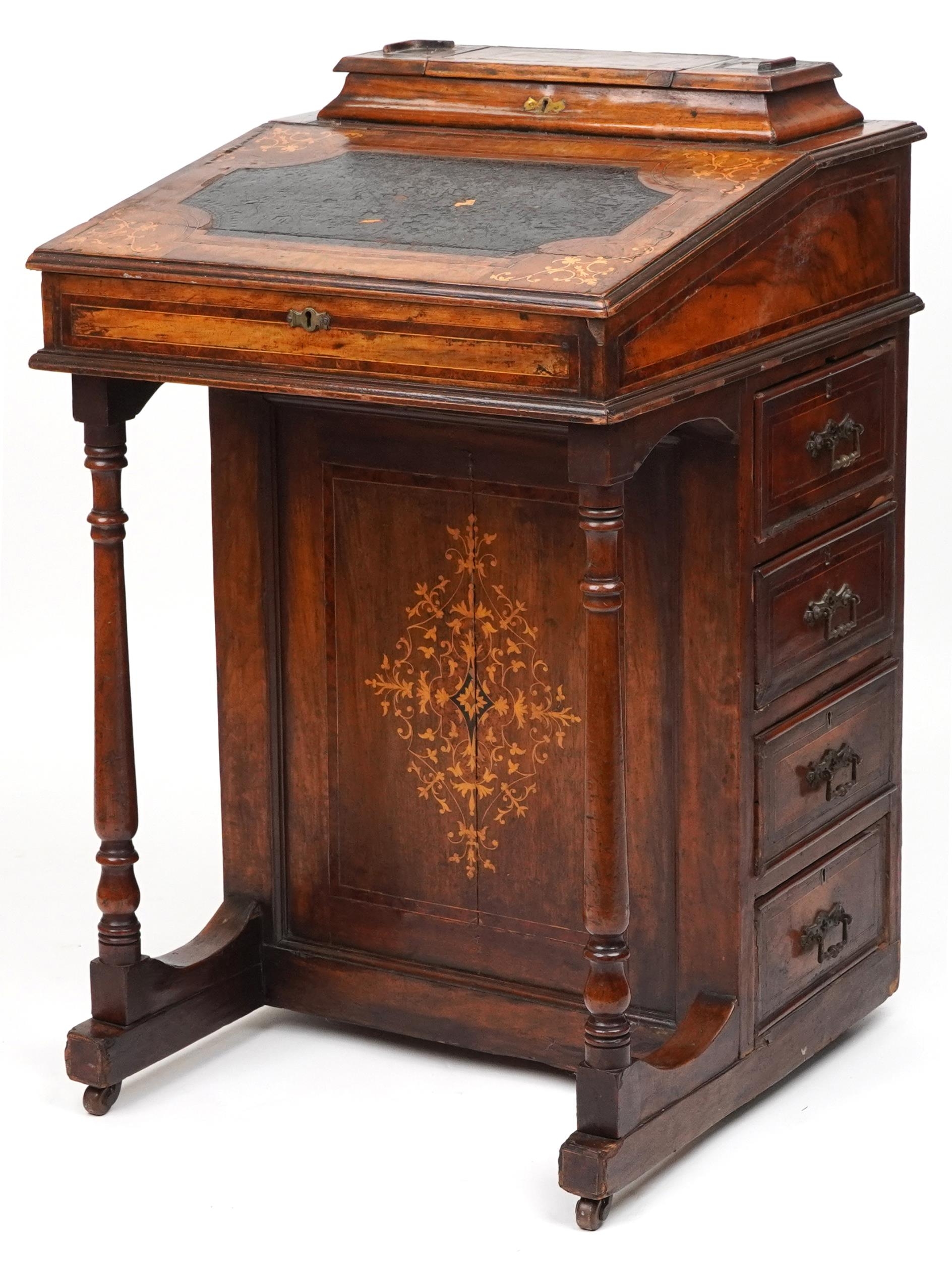 Victorian inlaid walnut and rosewood Davenport with lift up tops and side cupboard enclosing three