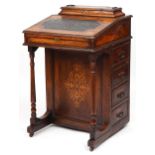 Victorian inlaid walnut and rosewood Davenport with lift up tops and side cupboard enclosing three