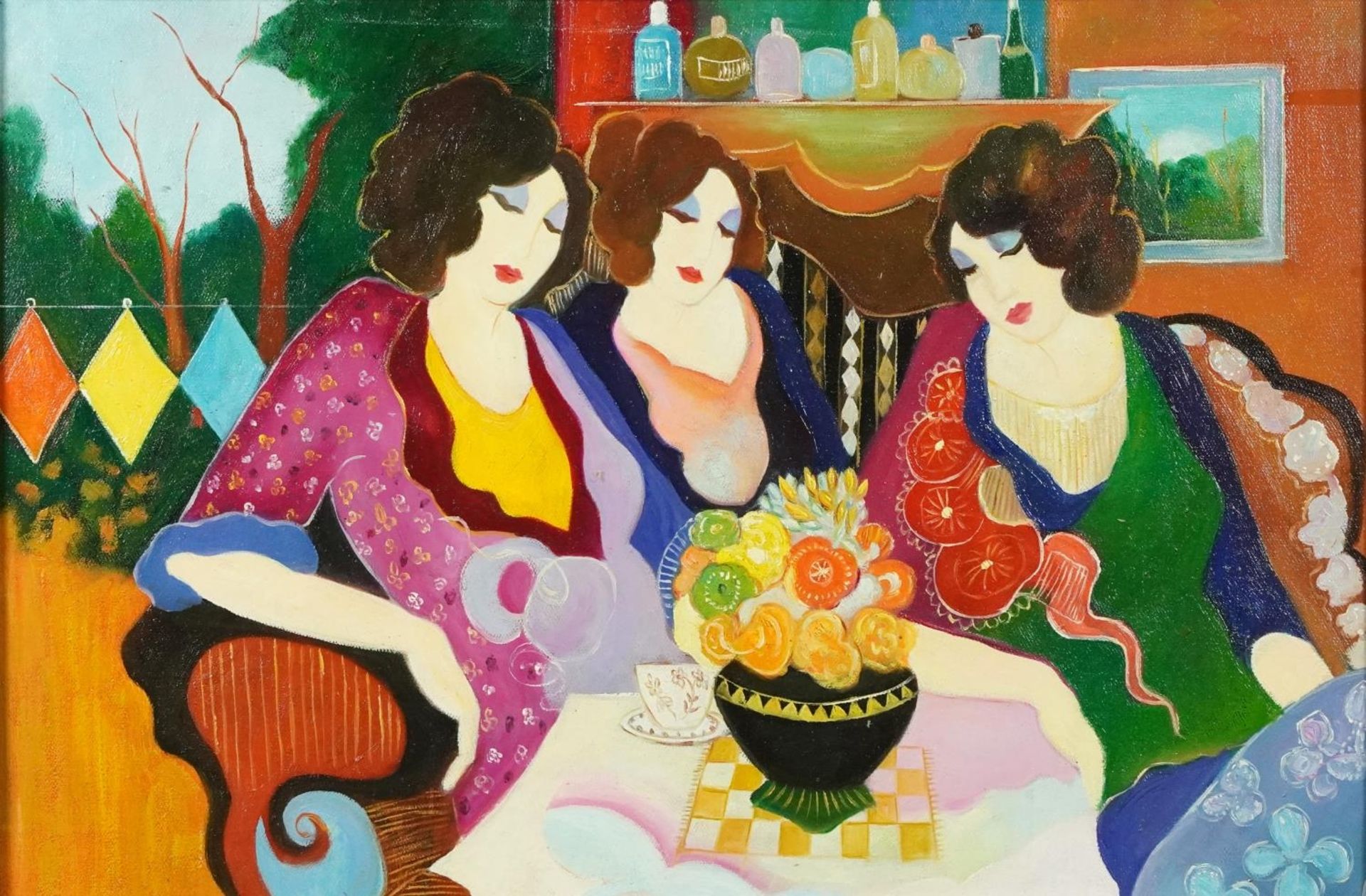 After Itzchak Tarkay - Afterparty, American school oil on board, mounted and framed, 60cm x 40cm