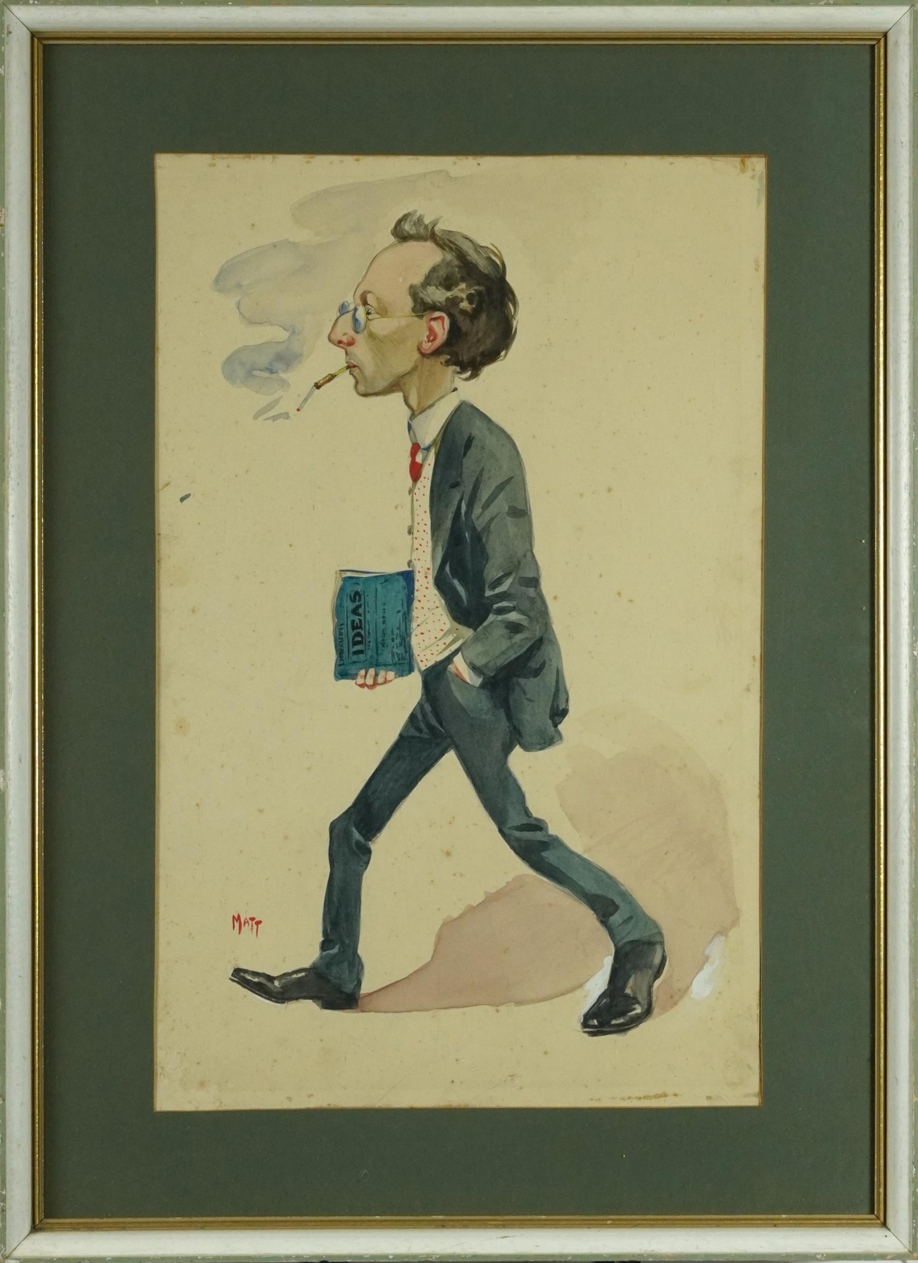 Matthew Pritchett - Gentlemen smoking wearing spectacles, ink caricature, mounted framed and glazed, - Image 2 of 3
