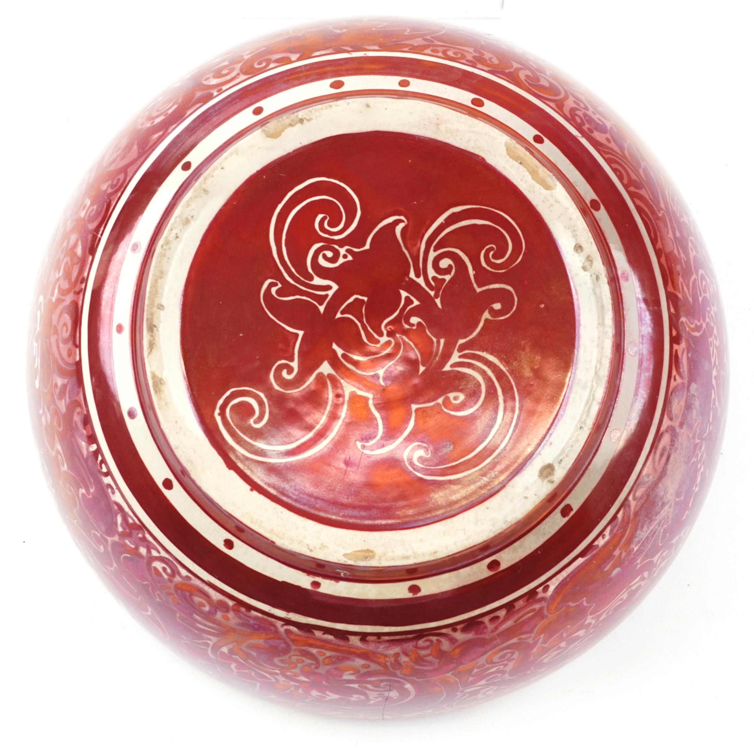 William De Morgan, large Arts & Crafts ruby lustre bowl hand painted with stylised griffins - Image 3 of 3