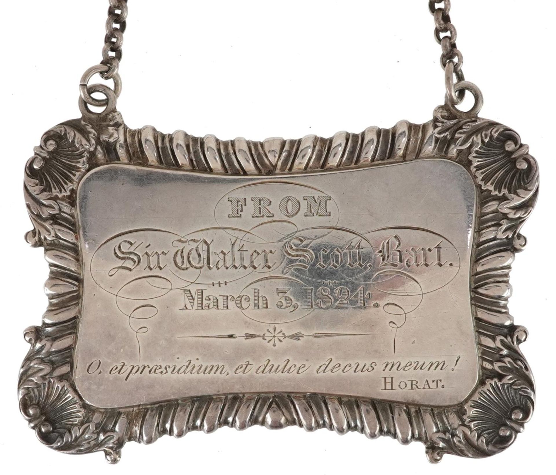 Sir Walter Scott interest George IV Scottish silver decanter label with presentation inscription