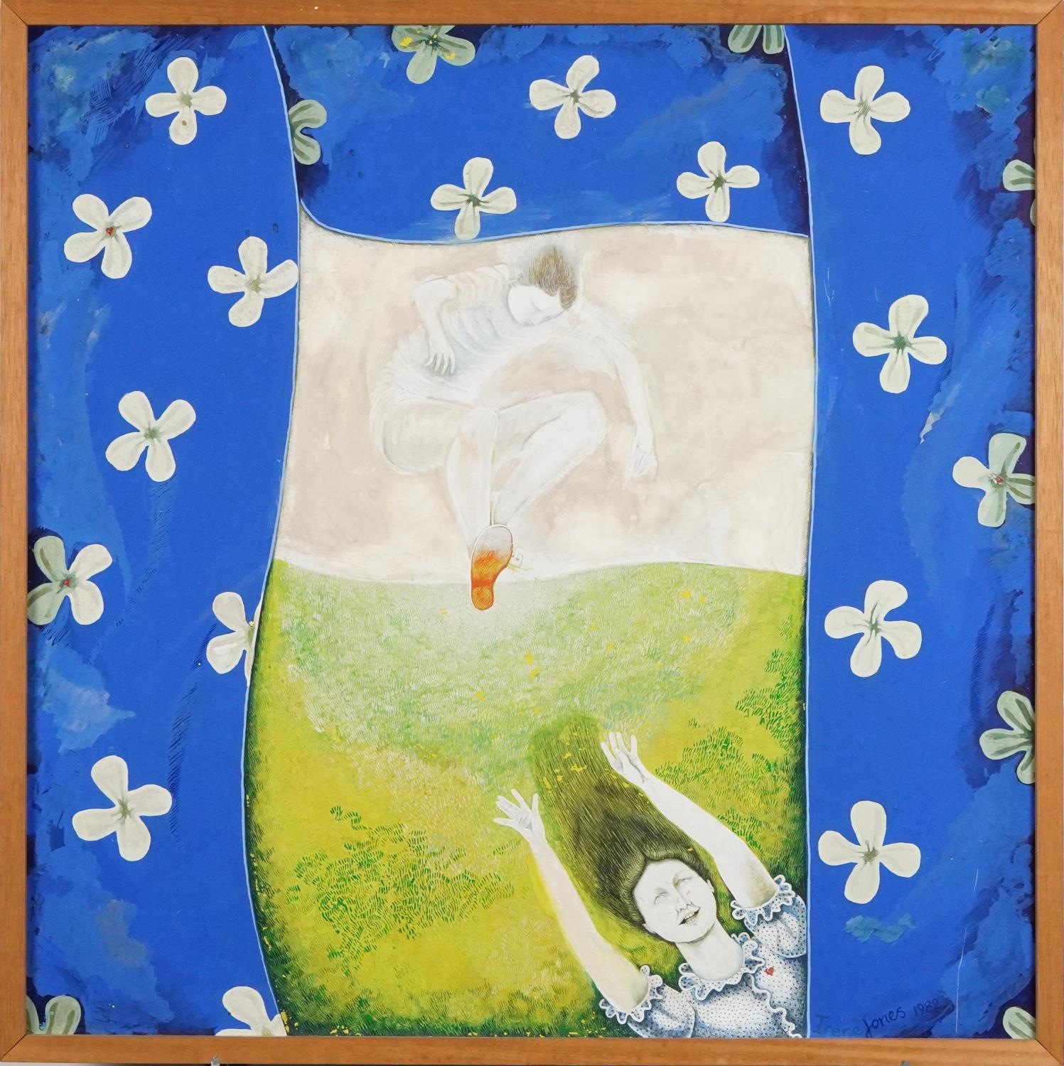 Irene Jones 1982 - Leaping and blue curtains, Cornish school mixed media on board, framed, 60cm x - Image 2 of 4
