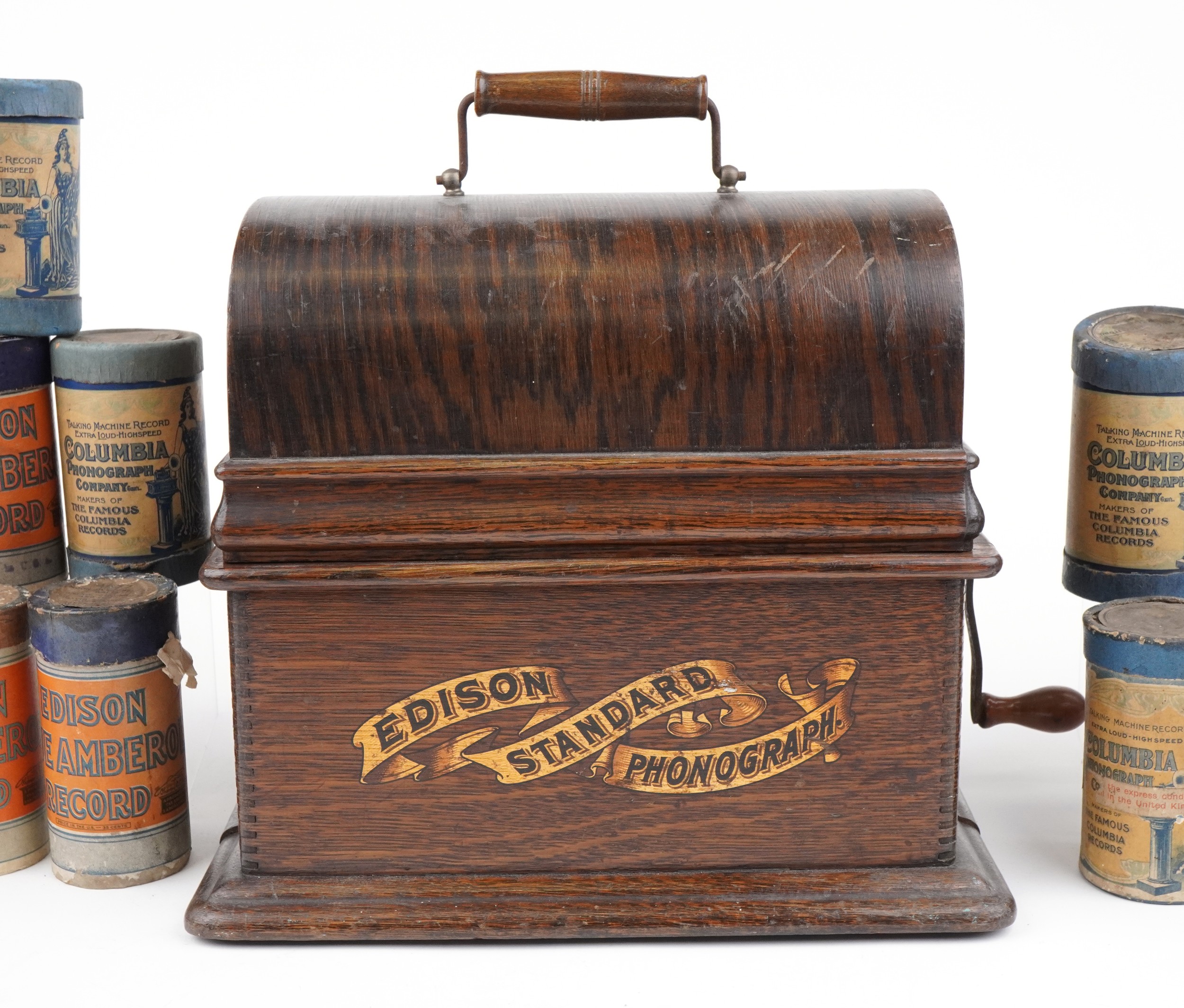 Victorian Thomas Edison oak cased phonograph with various Amberol record cylinders, the phonograph - Image 4 of 4