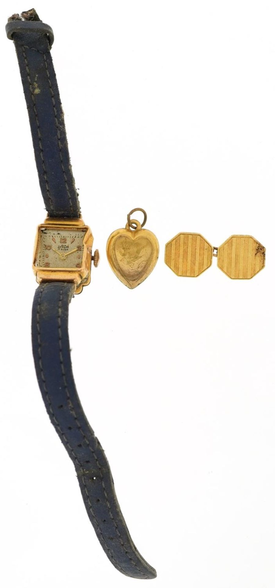 Unda, ladies 18ct gold wristwatch, 18ct gold cufflink and a rolled gold love heart pendant, the - Image 2 of 6