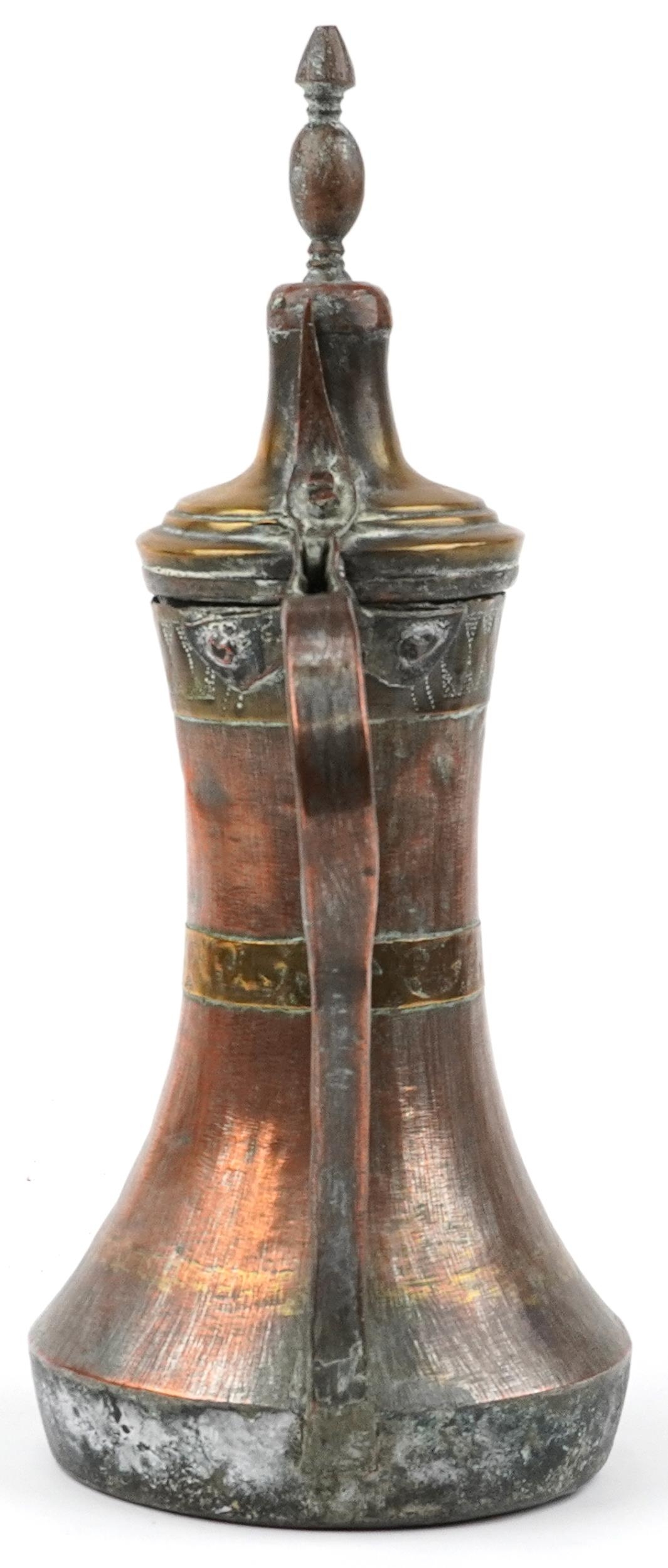 Antique Omani copper and brass dallah coffee pot with foliate engraved bands, 23cm high - Image 3 of 8