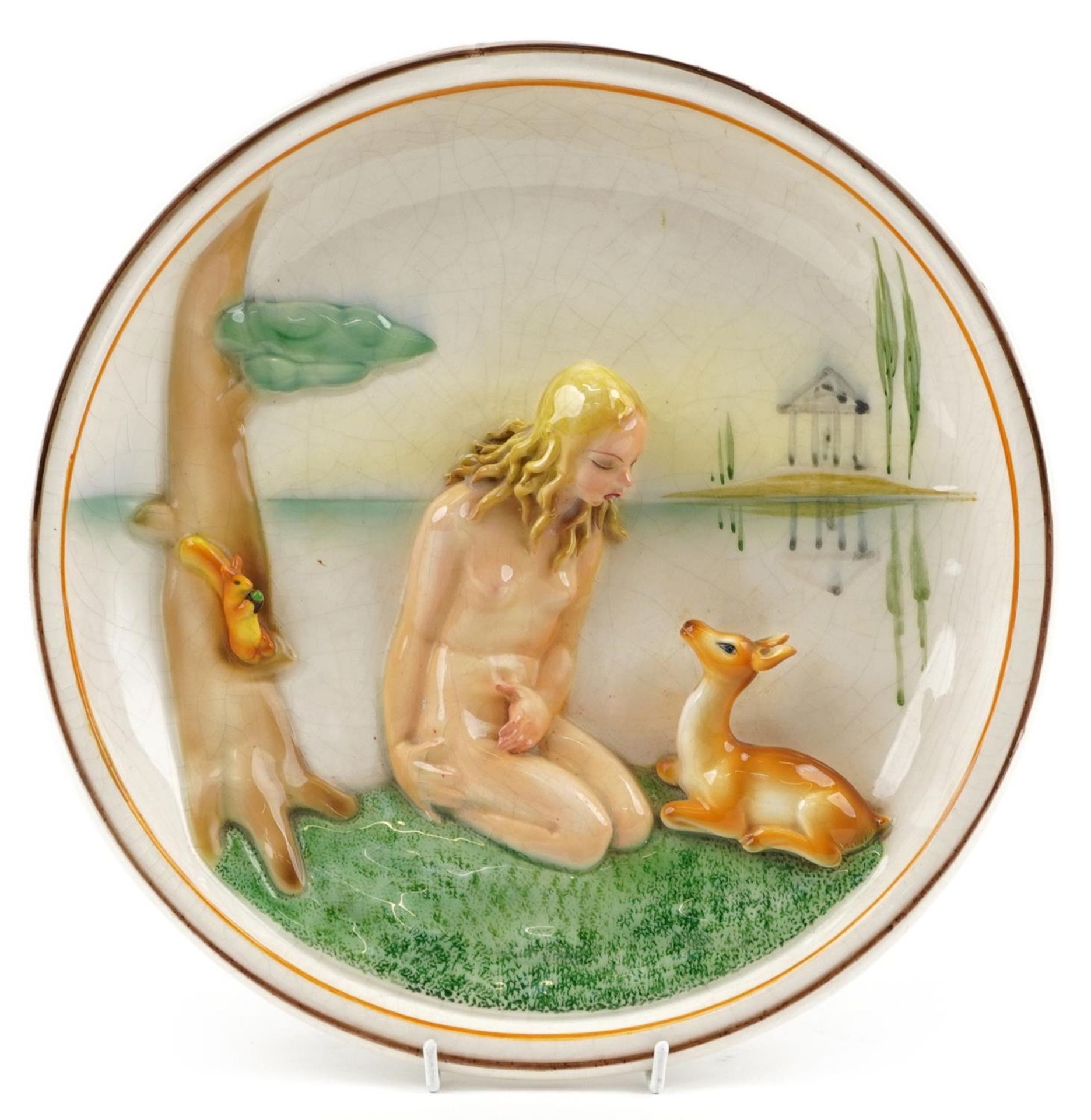 Lenci, Italian Art Deco wall plaque decorated in relief with nude female and foal, paper label and