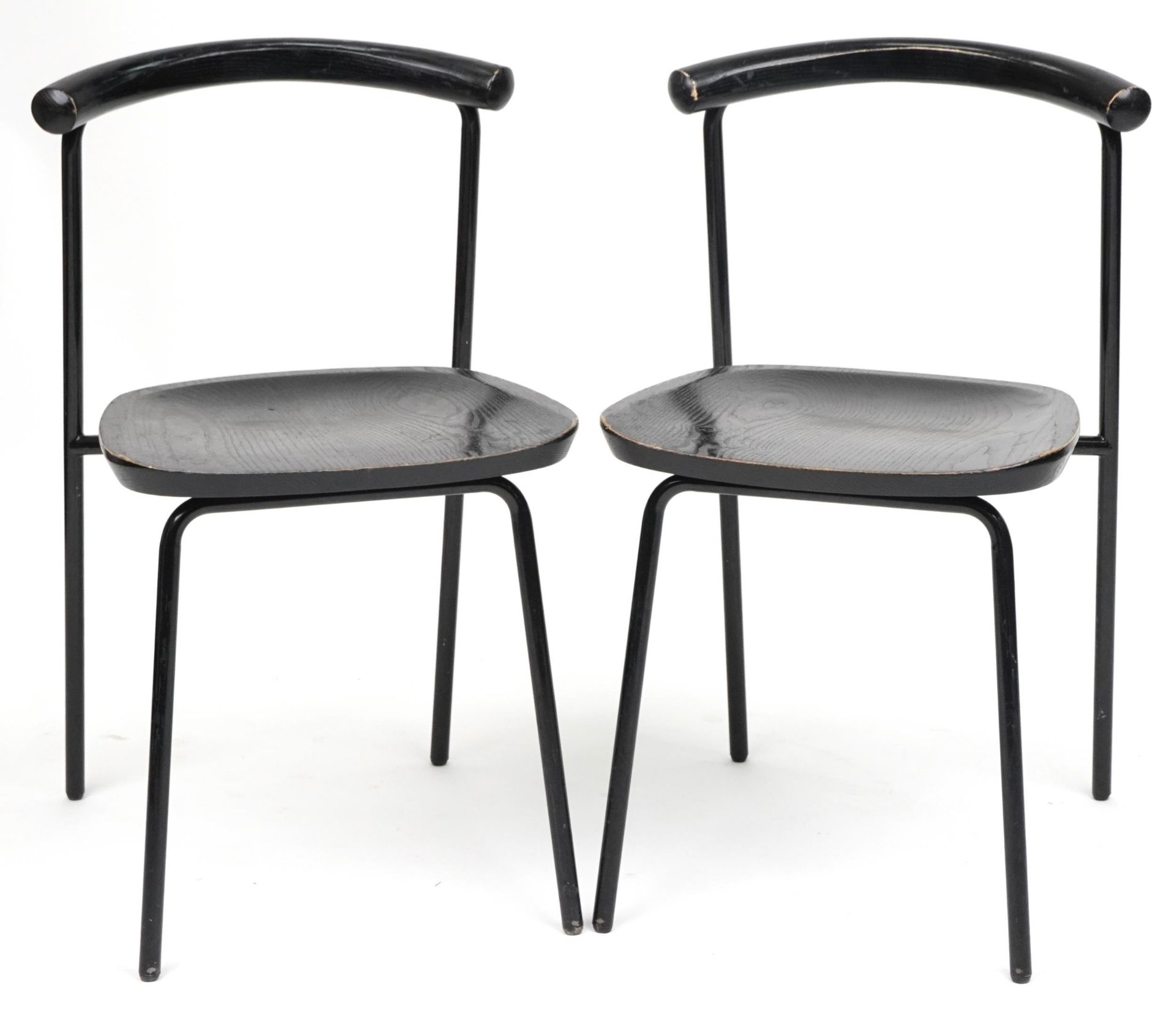 Manner of Calligaris, pair of contemporary metal framed hardwood bistro chairs, each 75cm high