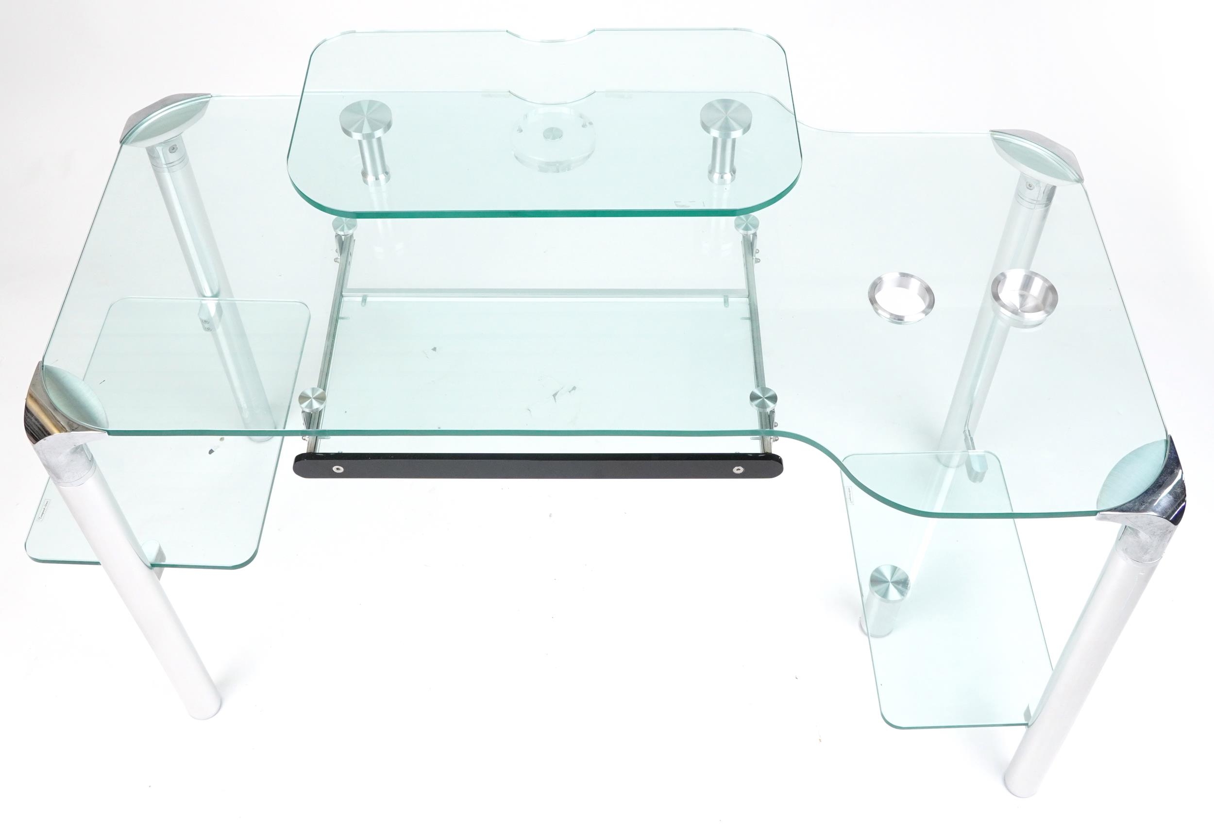 Contemporary glass computer desk with chair, the desk with chrome plated mounts and legs, 71cm H x - Image 3 of 9