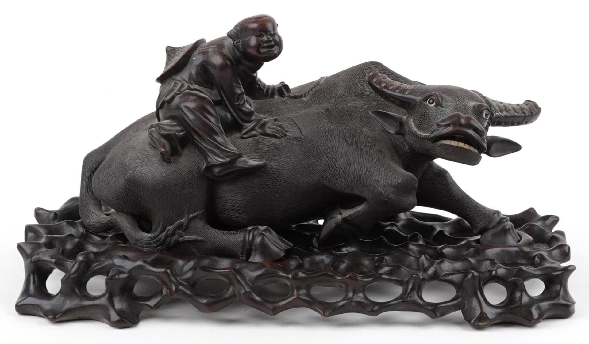 Large Chinese hardwood carving on stand of a boy on buffalo, 41.5cm in length - Image 2 of 7