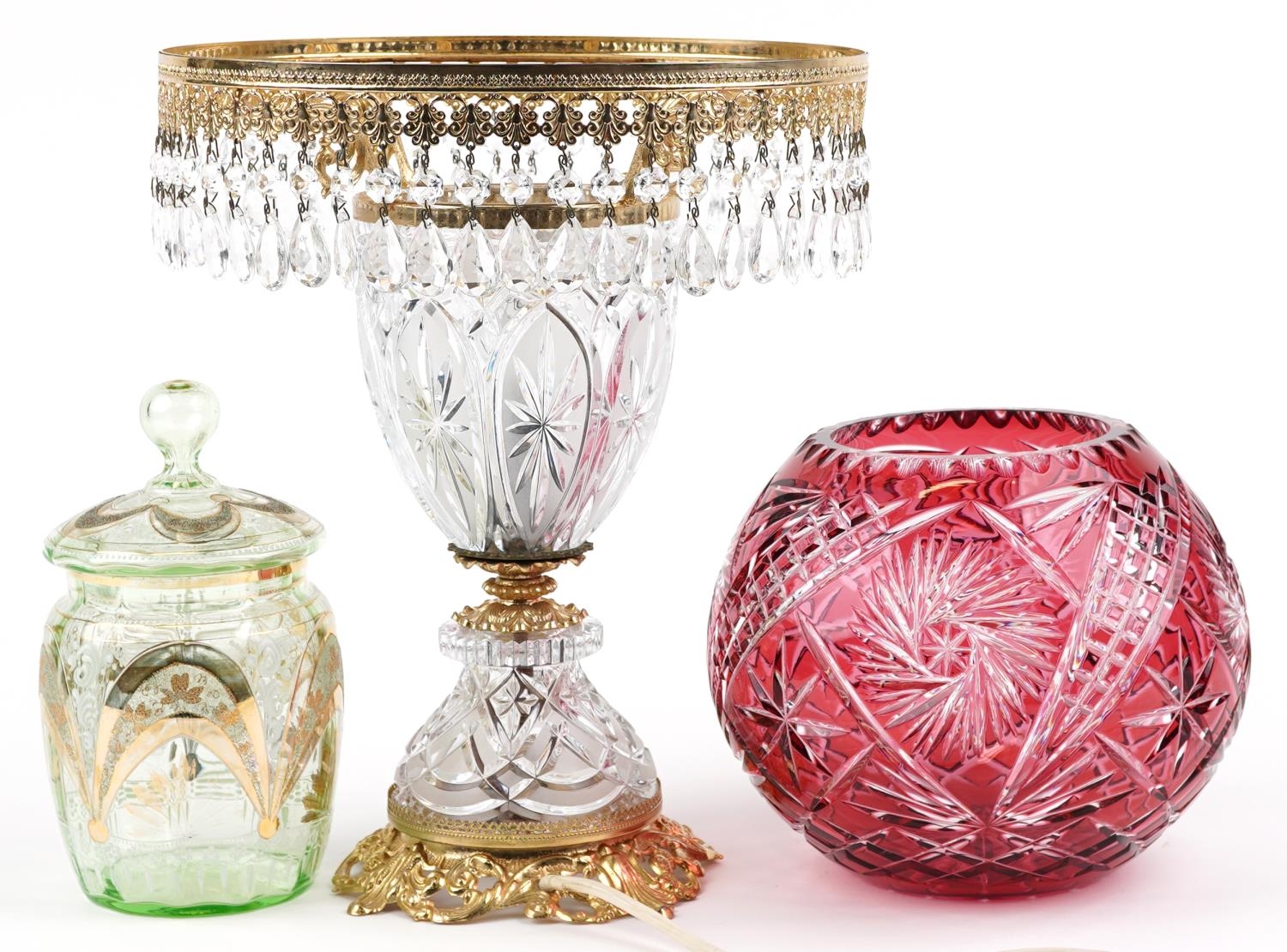 Glassware including Bohemian ruby overlaid cut glass vase and a glass and brass lamp with drops, the - Image 2 of 3