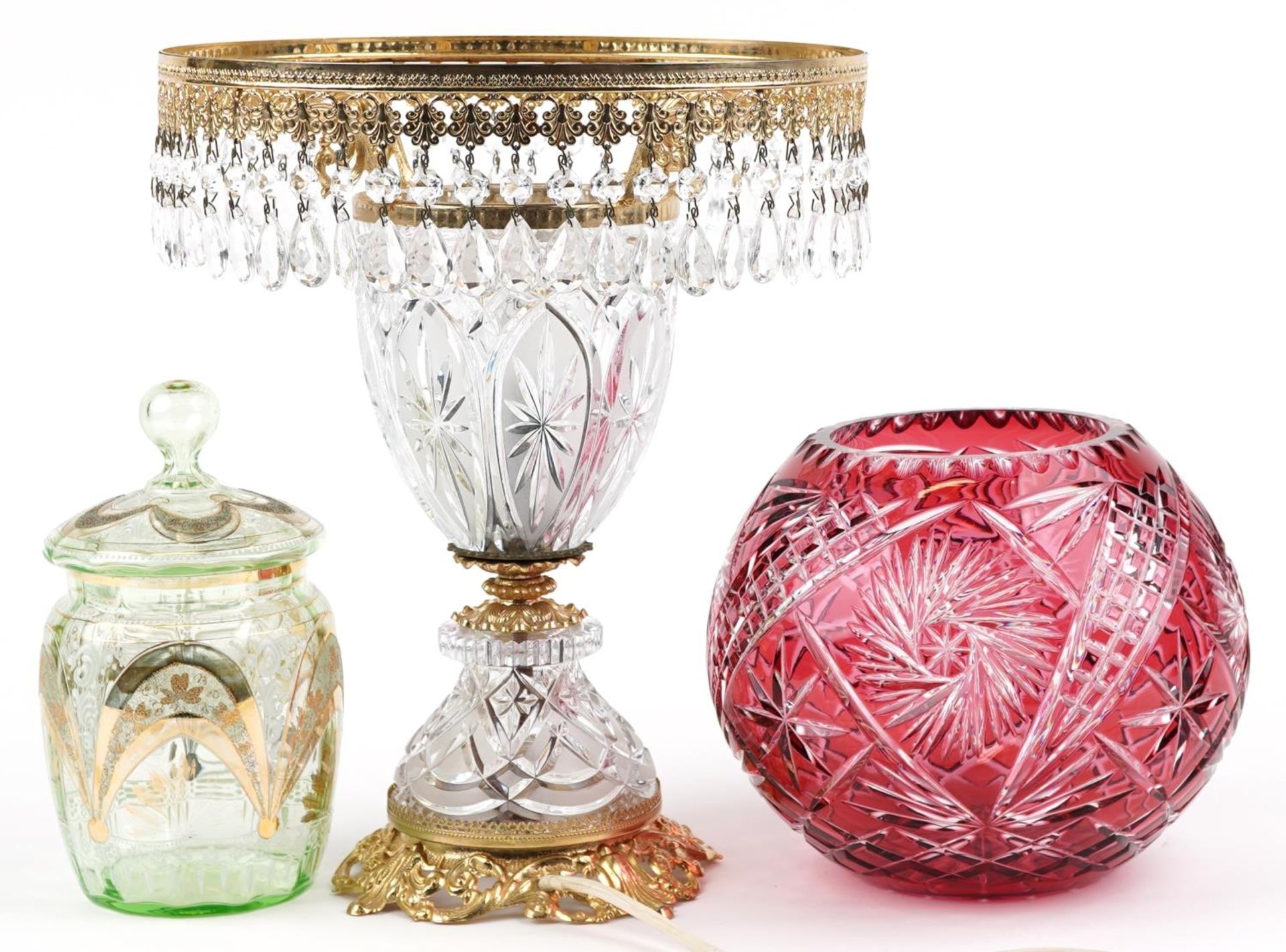 Glassware including Bohemian ruby overlaid cut glass vase and a glass and brass lamp with drops, the - Bild 2 aus 3