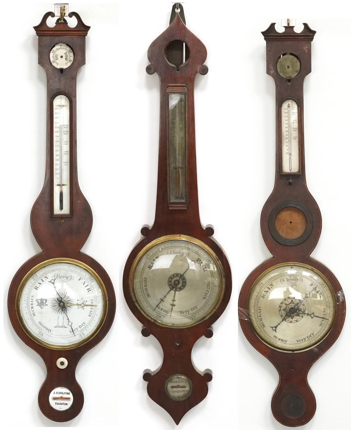 Three 19th century mahogany wall barometers with thermometers, one with enamelled plaque,