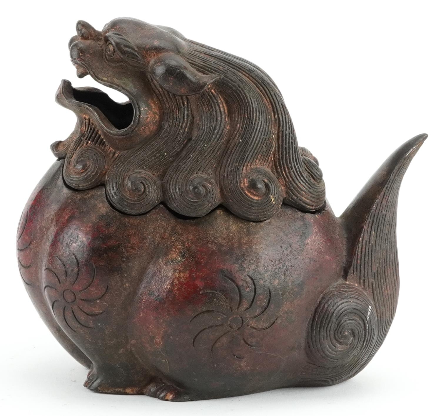 Chino Tibetan partially gilt and red lacquered incense burner in the form of a mythical animal, - Image 2 of 8