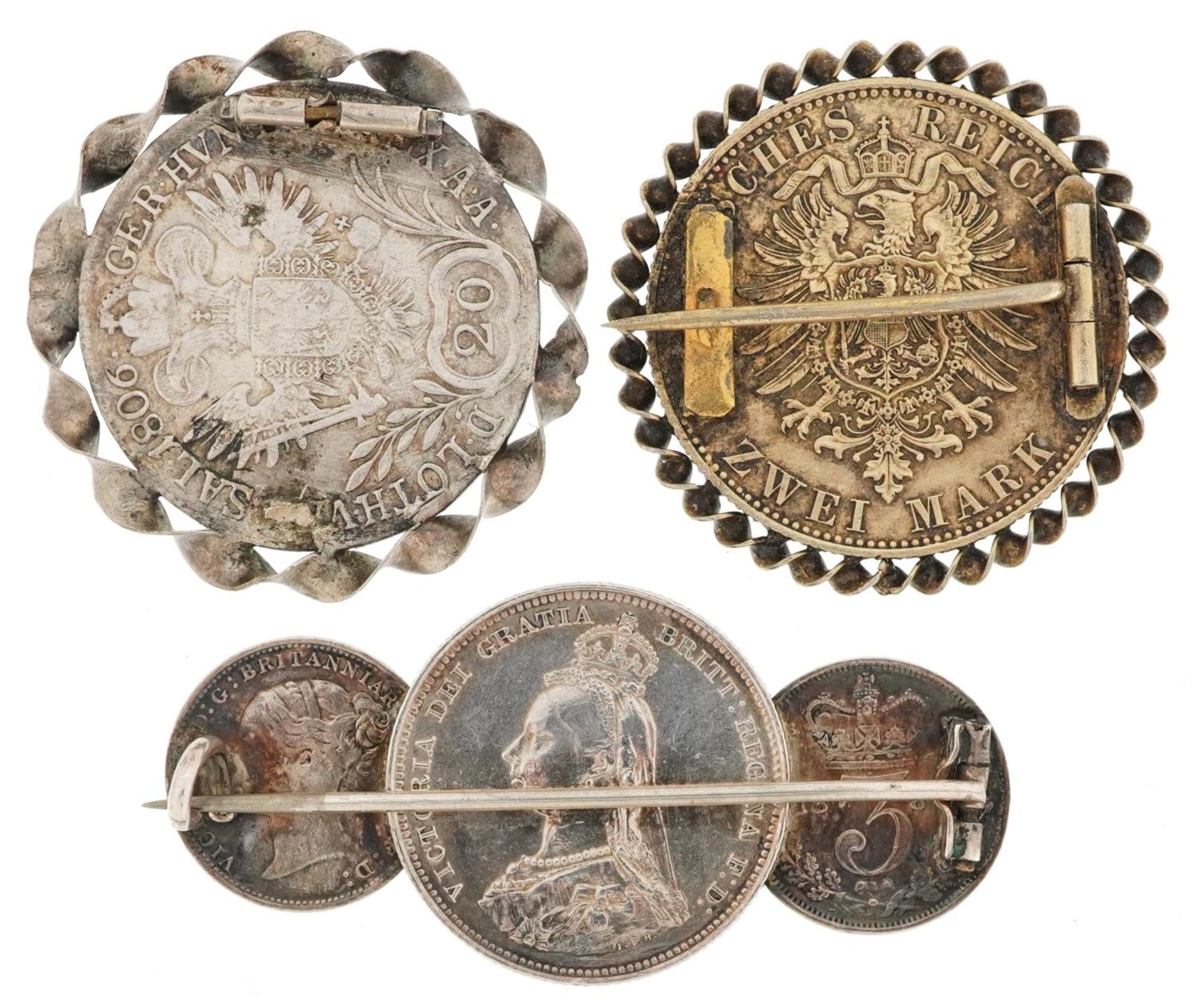 Three antique coin brooches including a Victorian silver three coin brooch engraved with The Lord' - Image 2 of 2