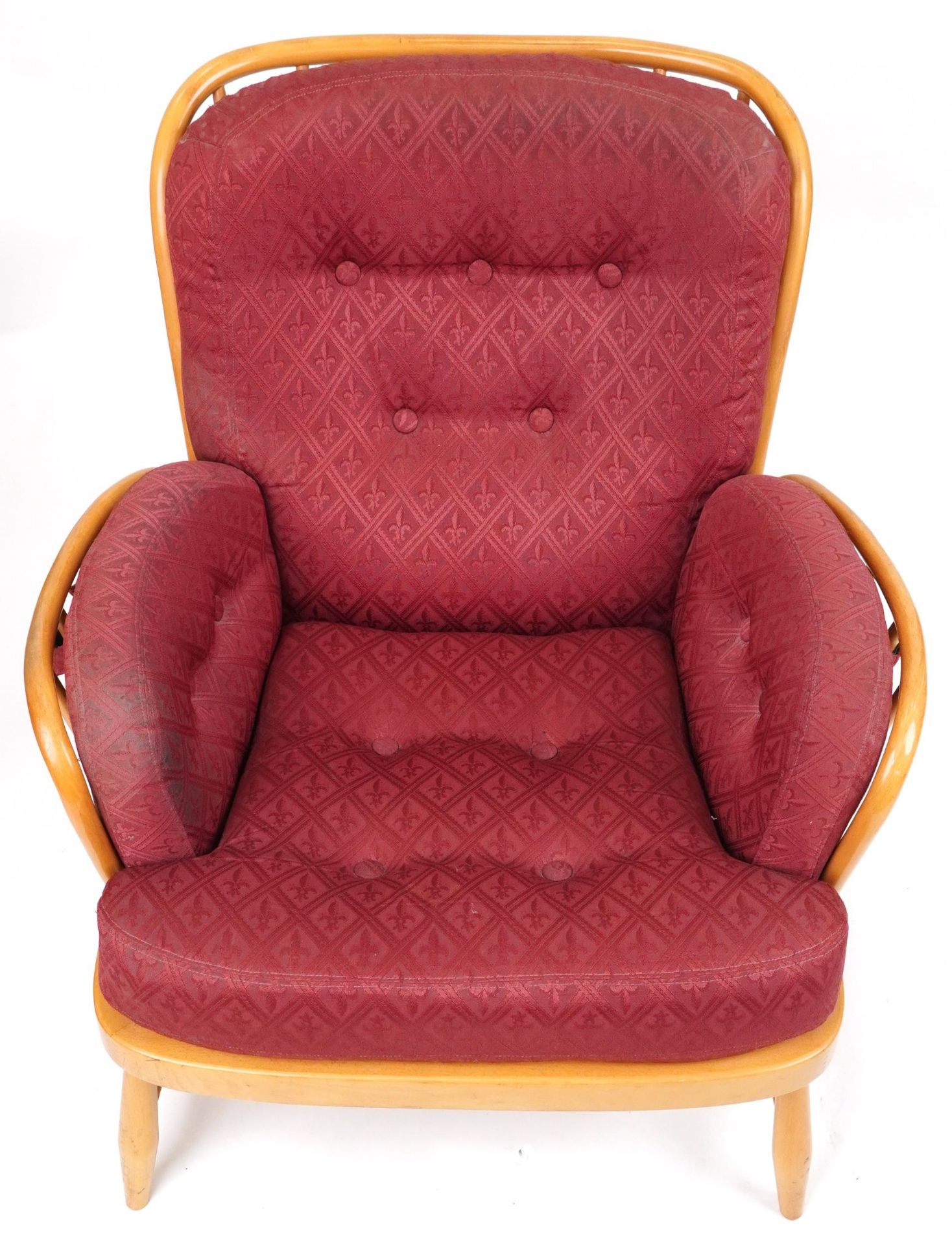 Ercol light elm Jubilee stick back armchair with red fleur de lis upholstered cushioned seats, - Bild 3 aus 7