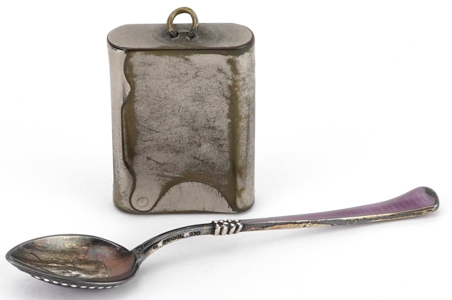 French silver guilloche enamel teaspoon and a vintage Steven's silver plated vesta, the largest 10cm - Image 2 of 4