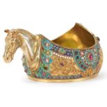 Silver gilt champleve enamel kovsh having a horsehead design handle and set with colourful