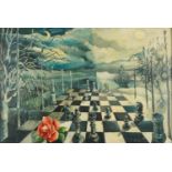 Surreal chess game, 1960s oil on board, framed, 59cm x 39.5cm excluding the frame