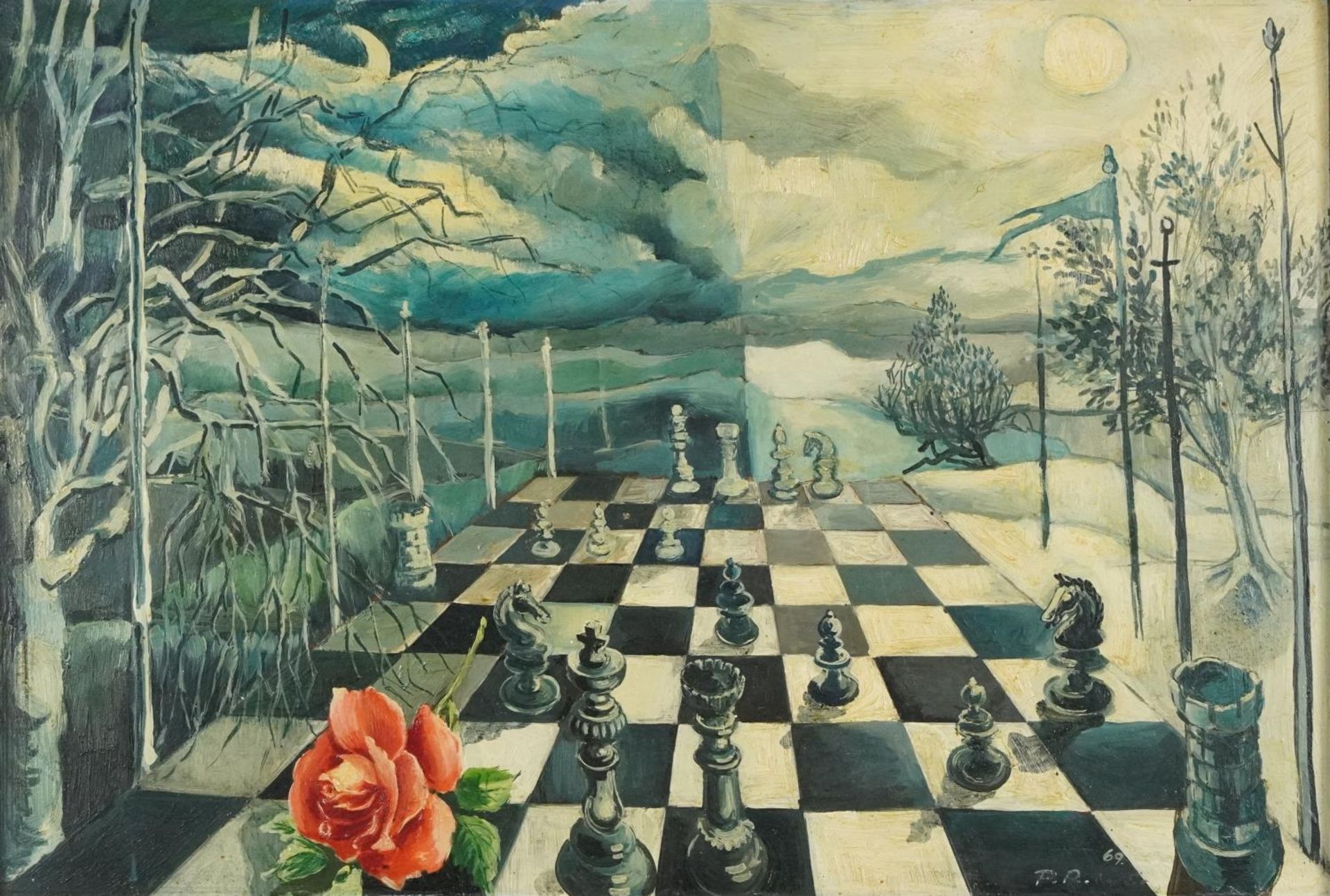 Surreal chess game, 1960s oil on board, framed, 59cm x 39.5cm excluding the frame