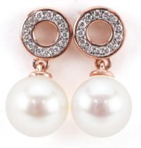 Pair of 9ct rose gold cultured pearl and diamond drop earrings, total diamond weight approximately