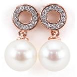 Pair of 9ct rose gold cultured pearl and diamond drop earrings, total diamond weight approximately