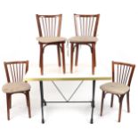 Contemporary rectangular bistro or dining table with four mahogany chairs with cushioned seats,