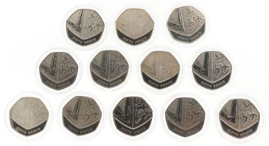 Twelve Elizabeth II Split Shield fifty pence pieces, some proof