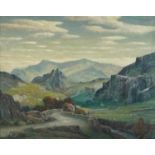 Grainger Smith - Road to Rhyd, oil on board, details verso, mounted and framed, 49.5cm x 39.5cm