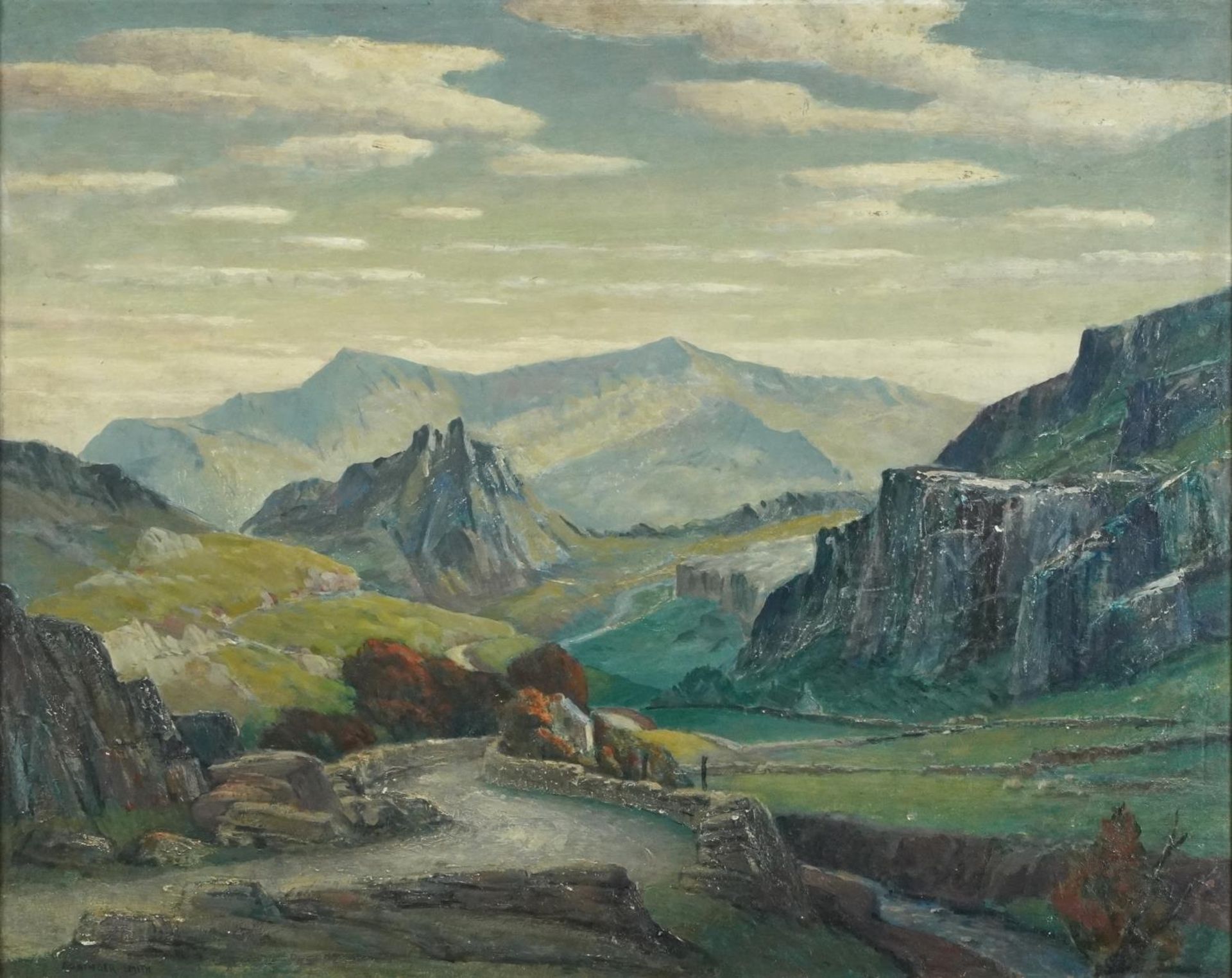 Grainger Smith - Road to Rhyd, oil on board, details verso, mounted and framed, 49.5cm x 39.5cm