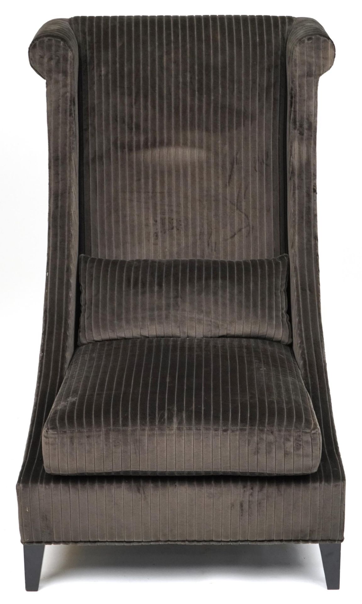 Contemporary dark olive green upholstered throne lounge chair with ebonised legs and cushion, - Image 2 of 4