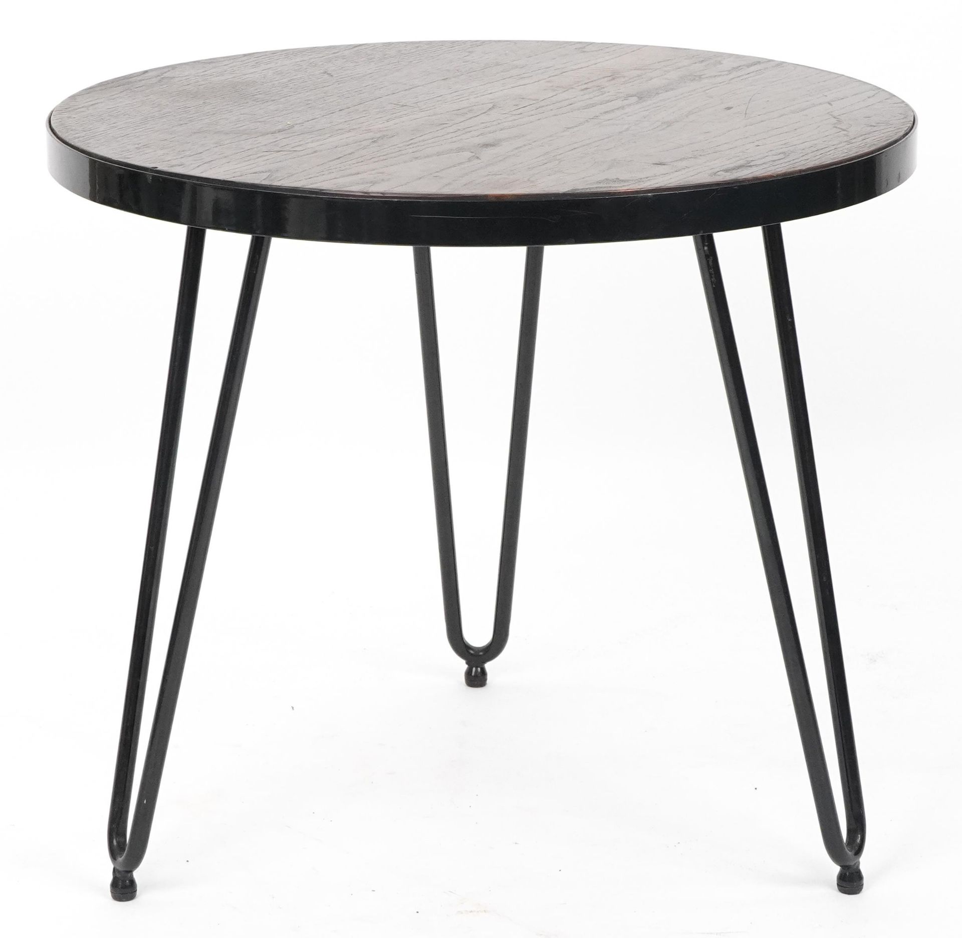 Industrial wrought iron circular side table with hardwood top and hairpin legs, 53cm high x 61cm - Bild 3 aus 3