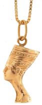 Egyptian Revival gold Nefertiti bust pendant on an Italian 18K gold box link necklace, 2.3cm high